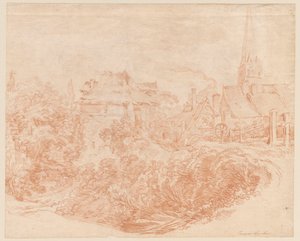 Vista das construções rurais e da torre da igreja de François Boucher
