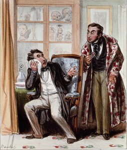 Dentista. O desenho animado de um paciente com uma raiva de dentes veio consultar um dentista. Gravado por Bouchot, por volta de 1830. Paris, Musee Carnavalet.