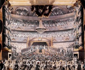 Luís XVIII (1755-1824) assiste ao teatro de Odeon numa festa dada pela Guarda Nacional de Paris em 1819 Desenho de François Buffet (1789-1843) Sol. 36x44 cm Versailles, musee du chateau de Francois Buffet