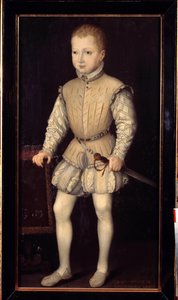 Retrato de Henrique IV de Navarra (1553-1610), uma criança de 4 anos de idade, durante sua estada em Paris com seus pais em 1557, então Príncipe de Navarra Pintura de François Bunel II (cerca de 1552 - antes de 1599). 1557. Dim. 1,25x0,64 m. Versailles, Ca