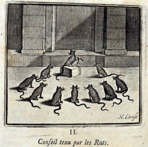 Conselho de Administração detido pelos Ratos. Fábulas de Jean de La Fontaine (1621-95). Ilustração de François Chauveau (1613-1676). Edição de 1728. de Francois Chauveau