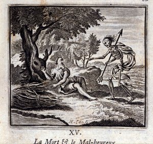A Morte e os Infelizes. Fábulas de Jean de La Fontaine (1621-95). Ilustração de François Chauveau (1613-1676). Edição de 1728. de Francois Chauveau