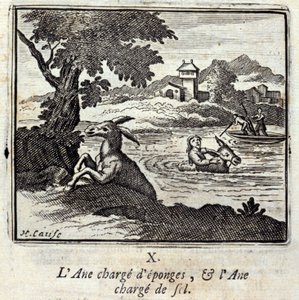 Burro cheio de esponjas, e burro cheio de sal. Fábulas de Jean de La Fontaine (1621-95). Ilustração de François Chauveau (1613-1676). Edição de 1728. de Francois Chauveau