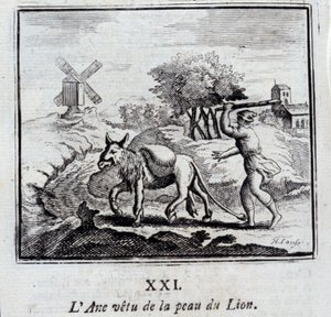 Burro a usar a pele do Leão. Fábulas de Jean de La Fontaine (1621-95). Ilustração de François Chauveau (1613-1676). Edição de 1728. de Francois Chauveau