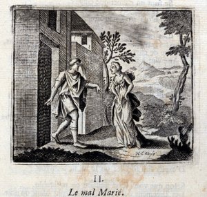 O mal casa-se. Fábulas de Jean de La Fontaine (1621-95). Ilustração de François Chauveau (1613-1676). Edição de 1728. de Francois Chauveau