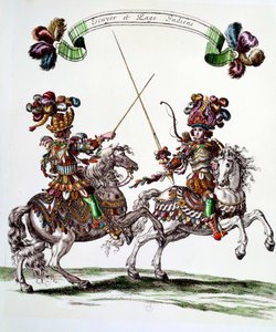 Equador indiano e página durante o carrossel dado pelo Rei Luís XIV (1638-1715) em 1662 aos Tuileries para celebrar o nascimento do Delfim. Gravura de François Chauveau (1613-1676) Coleção Privada do século XVII