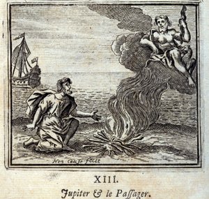 Júpiter e o Passageiro. Fábulas de Jean de La Fontaine (1621-95). Ilustração de François Chauveau (1613-1676). Edição de 1728. de Francois Chauveau
