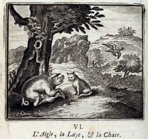 The Eagle, the Goose and the Pussy.fables de Jean de La Fontaine (1621-95). Ilustração de François Chauveau (1613-1676). Edição de 1728. de Francois Chauveau