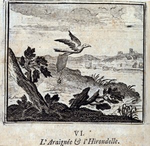 A Aranha e a Andorinha: Fábulas de Jean de La Fontaine (1621-95). Ilustração de François Chauveau (1613-1676). Edição de 1728. de Francois Chauveau
