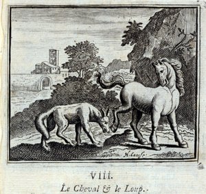 The Horse and the Wolf Fables de Jean de La Fontaine (1621-95). Ilustração de François Chauveau (1613-1676). Edição de 1728. de Francois Chauveau