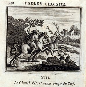 Le Cheval queria vingança para o Veado. Fábulas de Jean de La Fontaine (1621-95). Ilustração de François Chauveau (1613-1676). Edição de 1728. de Francois Chauveau