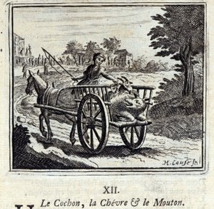 The Pig, the Goat and the Mut.fables de Jean de La Fontaine (1621-95). Ilustração de François Chauveau (1613-1676). Edição de 1728. de Francois Chauveau