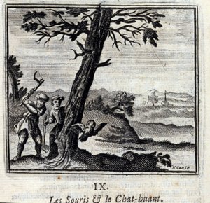 The Mice and the Cat Huant.fables de Jean de La Fontaine (1621-95). Ilustração de François Chauveau (1613-1676). Edição de 1728. de Francois Chauveau