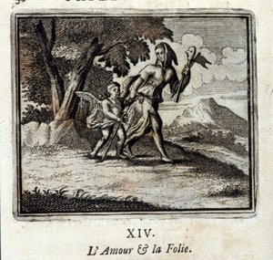 O amor e a loucura. Fábulas de Jean de La Fontaine (1621-95). Ilustração de François Chauveau (1613-1676). Edição de 1728.