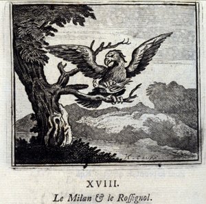 Milão e o Rouxinol. Fábulas de Jean de La Fontaine (1621-95). Ilustração de François Chauveau (1613-1676). Edição de 1728. de Francois Chauveau