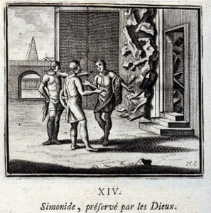 Simonides preservar pelos Deuses. Fábulas de Jean de La Fontaine (1621-95). Ilustração de François Chauveau (1613-1676). Edição de 1728. de Francois Chauveau