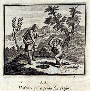 O Avare que perdeu seu tresor.Fábulas de Jean de La Fontaine (1621-95). Ilustração de François Chauveau (1613-1676). Edição de 1728. de Francois Chauveau