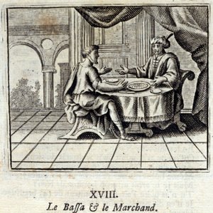 O Bassa e o Mercador. Fábulas de Jean de La Fontaine (1621-95). Ilustração de François Chauveau (1613-1676). Edição de 1728. de Francois Chauveau