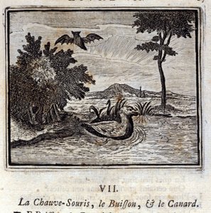 O Morcego, o Bush e o Pato. Fábulas de Jean de La Fontaine (1621-95). Ilustração de François Chauveau (1613-1676). Edição de 1728. de Francois Chauveau
