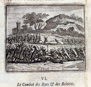 A Batalha de Ratos e Doninhas. Fábulas de Jean de La Fontaine (1621-95). Ilustração de François Chauveau (1613-1676). Edição de 1728. de Francois Chauveau