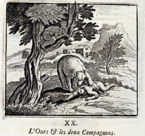 O Urso e os Dois Companheiros. Fábulas de Jean de La Fontaine (1621-95). Ilustração de François Chauveau (1613-1676). Edição de 1728. de Francois Chauveau