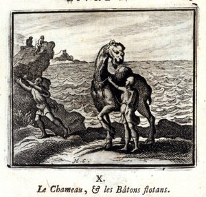 O Camelo e os Bastões Flutuantes. Fábulas de Jean de La Fontaine (1621-95). Ilustração de François Chauveau (1613-1676). Edição de 1728. de Francois Chauveau