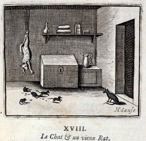 O Gato e um rato velho. Fábulas de Jean de La Fontaine (1621-95). Ilustração de François Chauveau (1613-1676). Edição de 1728. de Francois Chauveau