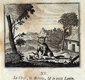 O Gato, a Doninha e o coelhinho. Fábulas de Jean de La Fontaine (1621-95). Ilustração de François Chauveau (1613-1676). Edição de 1728. de Francois Chauveau