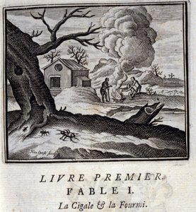 O Cigale e a Formiga. Fábulas de Jean de La Fontaine (1621-95). Ilustração de François Chauveau (1613-1676). Edição de 1728. de Francois Chauveau