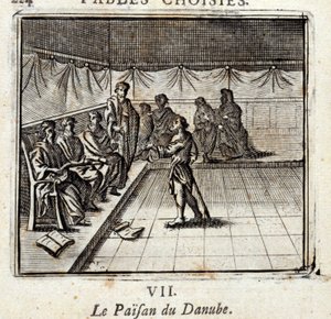O Camponês do Danúbio. Fábulas de Jean de La Fontaine (1621-95). Ilustração de François Chauveau (1613-1676). Edição de 1728. de Francois Chauveau