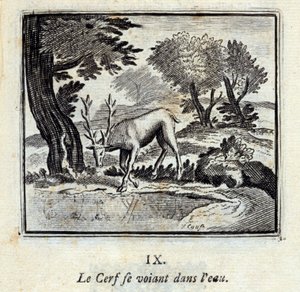 O Veado a ver-se na água. Fábulas de Jean de La Fontaine (1621-95). Ilustração de François Chauveau (1613-1676). Edição de 1728. de Francois Chauveau
