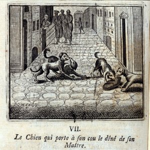 O Cão que usa o Jantar do seu Mestre ao pescoço. Fábulas de Jean de La Fontaine (1621-95). Ilustração de François Chauveau (1613-1676). Edição de 1728. de Francois Chauveau