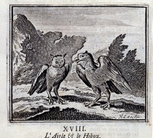 A Águia e o Coruja. Fábulas de Jean de La Fontaine (1621-95). Ilustração de François Chauveau (1613-1676). Edição de 1728. de Francois Chauveau
