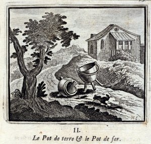 O Pote Terrestre e o Pote de Ferro. Fábulas de Jean de La Fontaine (1621-95). Ilustração de François Chauveau (1613-1676). Edição de 1728. de Francois Chauveau