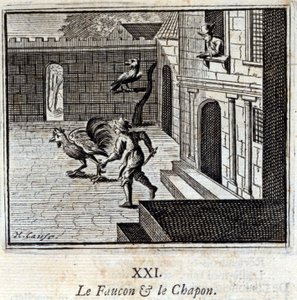 O Falcão e o Capão. Fábulas de Jean de La Fontaine (1621-95). Ilustração de François Chauveau (1613-1676). Edição de 1728. de Francois Chauveau