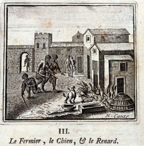 O Agricultor, o Cão e a Raposa. Fábulas de Jean de La Fontaine (1621-95). Ilustração de François Chauveau (1613-1676). Edição de 1728. de Francois Chauveau