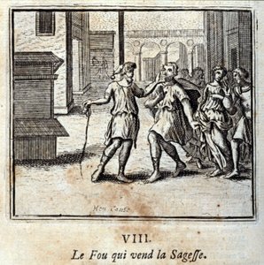 O Fou que vende sabedoria. Fábulas de Jean de La Fontaine (1621-95). Ilustração de François Chauveau (1613-1676). Edição de 1728. de Francois Chauveau