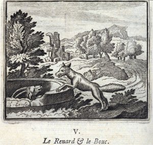 The Fox and the Bouc.Fables de Jean de La Fontaine (1621-95). Ilustração de François Chauveau (1613-1676). Edição de 1728. de Francois Chauveau