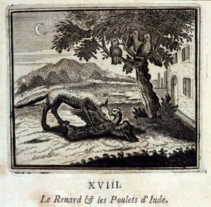 A Raposa e as Galinhas da Índia. Fábulas de Jean de La Fontaine (1621-95). Ilustração de François Chauveau (1613-1676). Edição de 1728. de Francois Chauveau