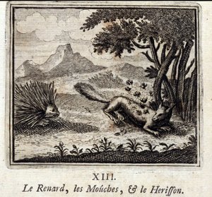 A Raposa, as Moscas e o Herisson. Fábulas de Jean de La Fontaine (1621-95). Ilustração de François Chauveau (1613-1676). Edição de 1728. de Francois Chauveau