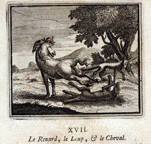 A Raposa, o Lobo e o Cavalo. Fábulas de Jean de La Fontaine (1621-95). Ilustração de François Chauveau (1613-1676). Edição de 1728.