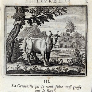 O Sapo que quer ficar tão grande como a Carne. Fábulas de Jean de La Fontaine (1621-95). Ilustração de François Chauveau (1613-1676). Edição de 1728. de Francois Chauveau