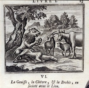 Os Genisse the Gove e as Ovelhas na sociedade com o Leão. Fábulas de Jean de La Fontaine (1621-95). Ilustração de François Chauveau (1613-1676). Edição de 1728. de Francois Chauveau