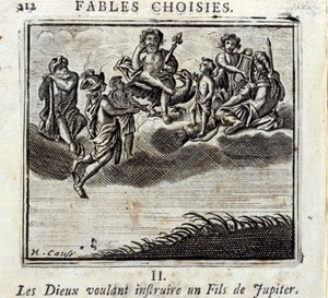 Os Deuses a querer ensinar um filho de Júpiter. Fábulas de Jean de La Fontaine (1621-95). Ilustração de François Chauveau (1613-1676). Edição de 1728. de Francois Chauveau