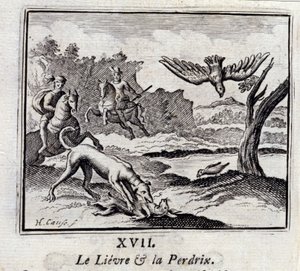 The Lievre and the Pardrix.Fables de Jean de La Fontaine (1621-95). Ilustração de François Chauveau (1613-1676). Edição de 1728. de Francois Chauveau