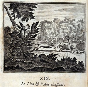 O Leão e a Caça ao Burro. Fábulas de Jean de La Fontaine (1621-95). Ilustração de François Chauveau (1613-1676). Edição de 1728. de Francois Chauveau