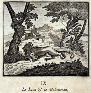 O Leão e o Apanhador de Moscas. Fábulas de Jean de La Fontaine (1621-95). Ilustração de François Chauveau (1613-1676). Edição de 1728. de Francois Chauveau