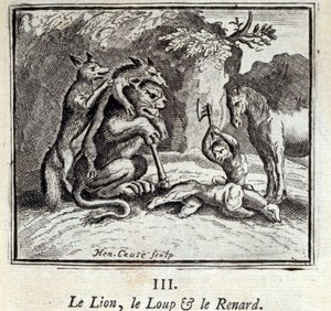 O Leão, o Lobo e a Raposa. Fábulas de Jean de La Fontaine (1621-95). Ilustração de François Chauveau (1613-1676). Edição de 1728. de Francois Chauveau