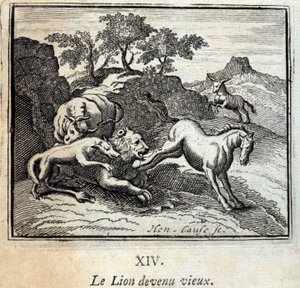 O Leão ficou velho. Fábulas de Jean de La Fontaine (1621-95). Ilustração de François Chauveau (1613-1676). Edição de 1728. de Francois Chauveau