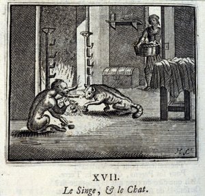 O Macaco e o Gato. Fábulas de Jean de La Fontaine (1621-95). Ilustração de François Chauveau (1613-1676). Edição de 1728. de Francois Chauveau